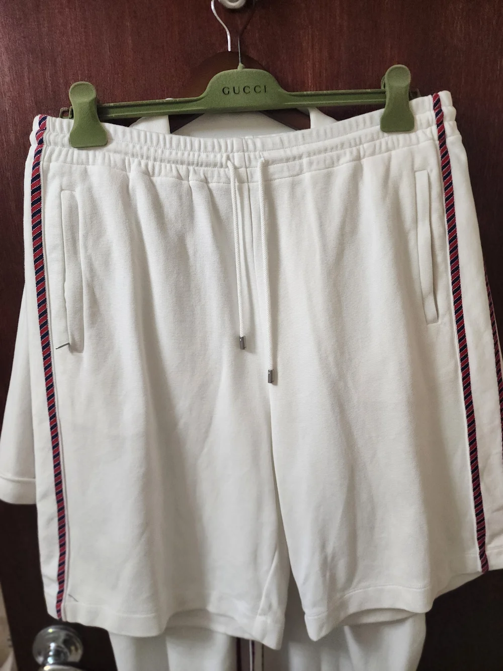 Gucci Men’s White Short-Sleeve Button Shirt and Matching Shorts with Stripe Trim